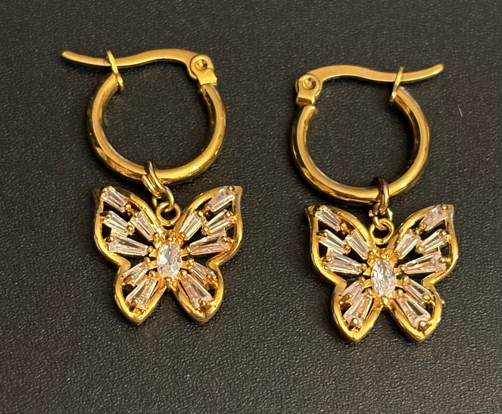 Gold Tone Butterfly Hoop Earrings CZ Baguette Dangle Sparkle